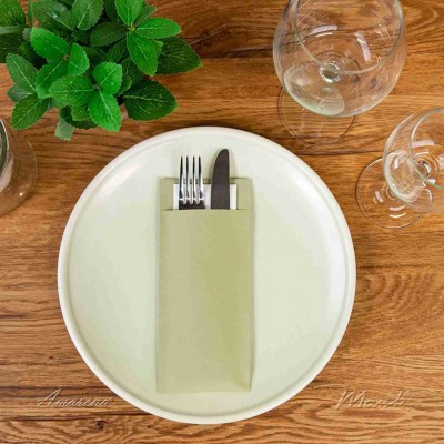 Vrecko na príbor papierové so servítkom olivovo zelené, 20x8,5cm, 500 ks, Mank