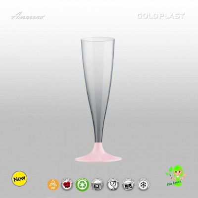 Nerozbitné plastové poháre Flute na prosecco, 130ml, ružová stopka