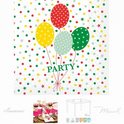 Detské papierové servítky Party Ballons červeno-zelené, 33x33cm, Mank