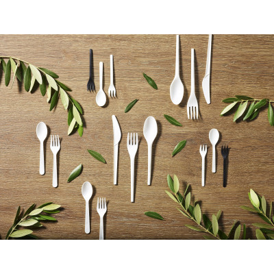 Kompostovateľný príborový set, nožík, vidlička, lyžica, servítok, 165mm / 100 setov