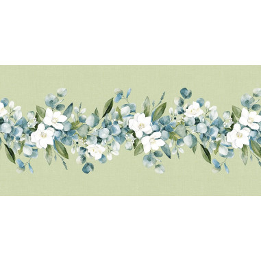 Slávnostný behúň na stôl Maxime, kvety a eukalyptus, 0,4mx24m, netkaná textília