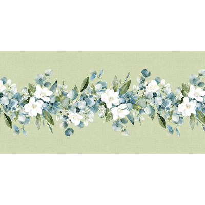 Slávnostný behúň na stôl Maxime, kvety a eukalyptus, 0,4mx24m, netkaná textília