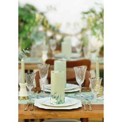 Slávnostný behúň na stôl Maxime, kvety a eukalyptus, 0,4mx24m, netkaná textília