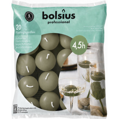 Olivovo zelené plávajúce sviečky, 20 ks, Bolsius